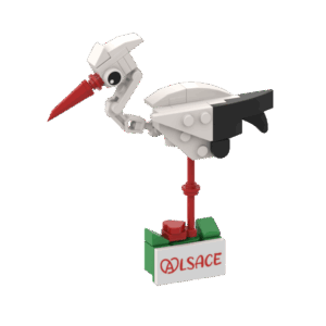 Cigogne d'Alsace BrixCool en briques de construction avec socle et aimant.