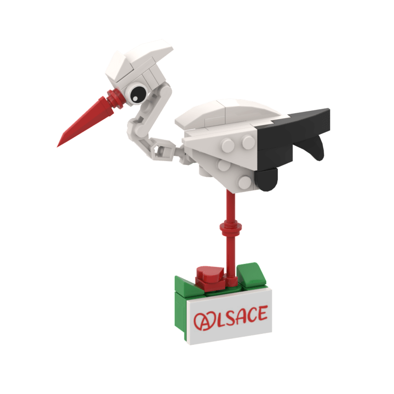 Cigogne d'Alsace BrixCool en briques de construction avec socle et aimant.